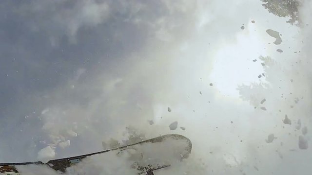 Person goes snowboarding, funny loser making unsuccessful trick attempts, pov