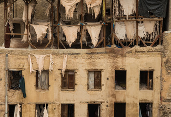 Old leather tannery in moroccan city Fez