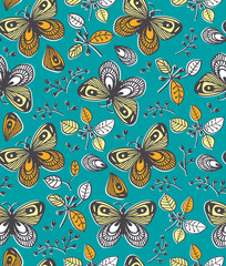 Vector seamless pattern with flowers, butterfly and berries on the orange  background, cartoon illustration.