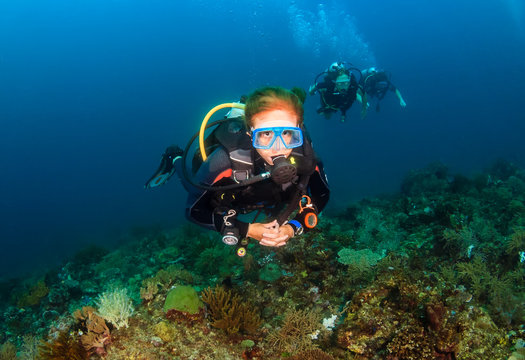 SCUBA divers on a reef