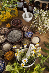 Natural medicine, herbs, mortar on wooden table background