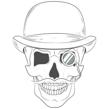 Skull in a bowler hat. gentleman skull with a monocle. Vector print