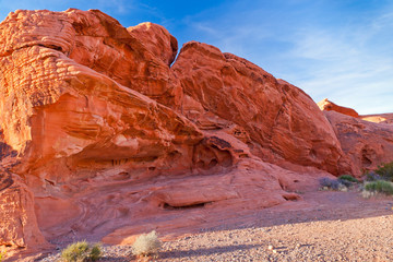 The unique red sandstone rock formations in Valley of Fire State park, Nevada, USA.