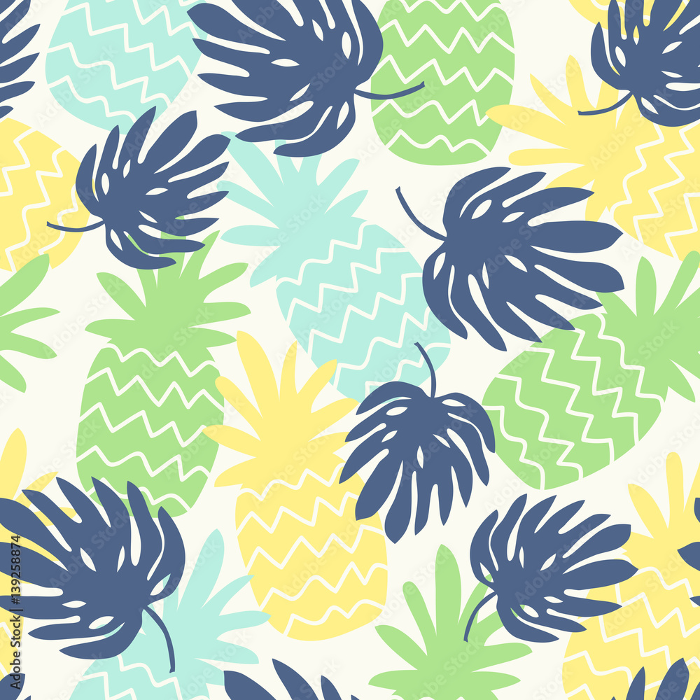 Poster seamless pattern with pineapples and monstera leaves