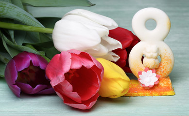 Bouquet of flowers tulips on wooden background