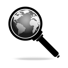 Magnifying glass and zoom planet Earth isolated on white background. Search Icon. Vector illustration.
