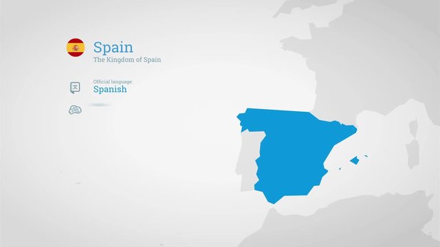 Animated infographics map with country's flag and profile. Spain