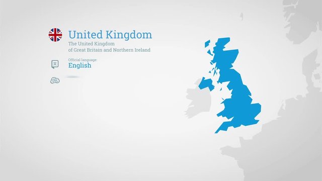 Animated infographics map with country's flag and profile. United Kingdom
