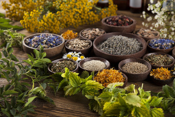 Herbal medicine on wooden desk background