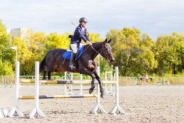 Young horseback sportswoman jumping over obstacles on show jumping competition