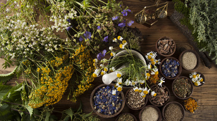 Natural medicine on wooden table background