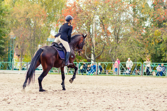 Young rider girl on bay horse galloping towards a hurdle on show jumping competition