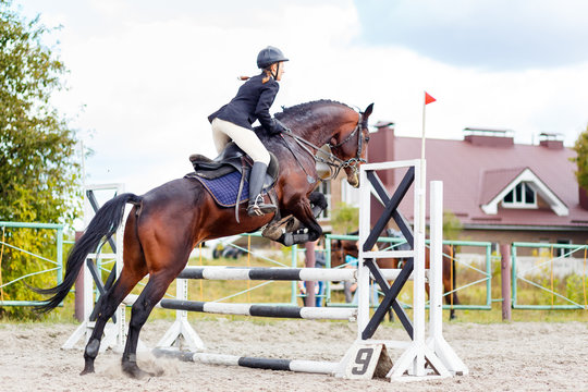 Young horseback sportswoman jumping over obstacles on show jumping competition