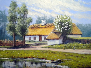 Oil paintings landscape,river.Ukraine, village