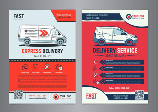 Set Of Express Delivery Service Brochure Flyer Design Layout Template. Fast Delivery And Quality Service Transportation Magazine Cover, Mockup Flyer. Layout In A4 Size. Vector Illustration.