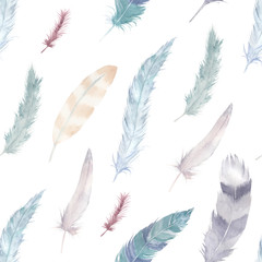 Colorful watercolor feathers pattern. Ethnic hand drawn motif for wrapping, wallpaper, fabric, cards