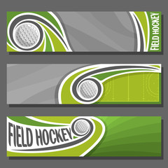 Naklejka premium Vector horizontal Banners for Field Hockey: 3 cartoon covers for title text on field hockey theme, sport court with flying on trajectory ball, abstract header banner for advertising on gray background