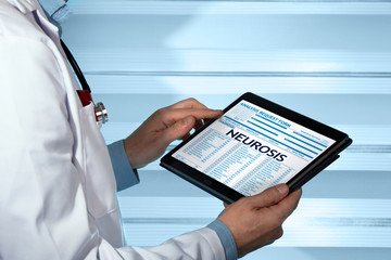 neurologist with neurosis diagnosis in digital medical report / psychiatrist consulting medical...
