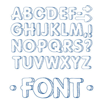 Graphic font. Handmade sans-serif font, thin lines. Hand drawn calligraphy lettering alphabet. Vector illustration. Letters on a white background. Doodle comic font for your design. Monochrome. Blue