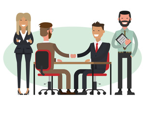 People at work with handshaking and secretaries