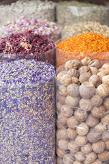 Dried herbs, flowers and spices at the spice souq at Deira in Dubai, UAE