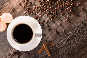 Coffee cup with coffee beans and chicory