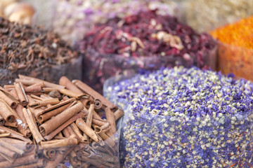 Dried herbs, flowers and spices at the spice souq at Deira in Dubai, UAE