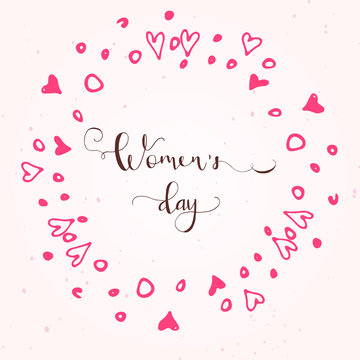 Greeting card - International Happy Women's Day. 8 March holiday background with lettering
