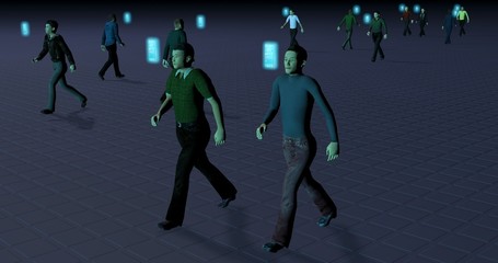 Many people walking with gaze, eyes on floating smart phones, cells infront of faces . 3d render. Side view