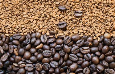  background of the many aromatic roasted coffee beans and granules soluble
