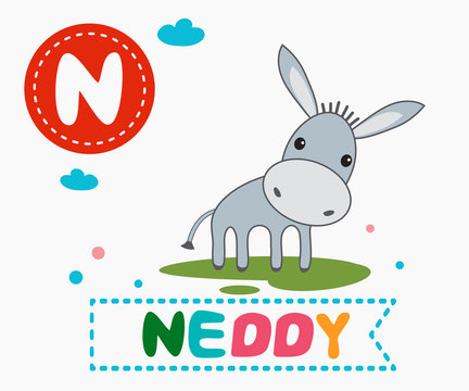 Hand drawn letter N and funny cute neddy