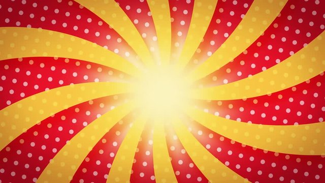 Yellow Twisted Sunburst rotating over red background With white Dots Pattern loop for logo or text. colorful cartoon retro pinwheel, hypnotic swirl, vintage yellow and red sunburst abstract background