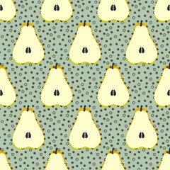 Pear fruit motif seamless pattern. Colorful decoration design background. Trendy memphis style illustration with dots and circles
