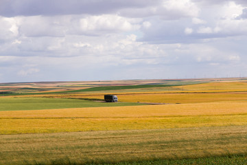 Obraz premium Camion por carretera en Paisaje de Campos multicolores con diversos Cultivos 