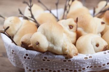 Roasted buns "larks" of dough for Easter