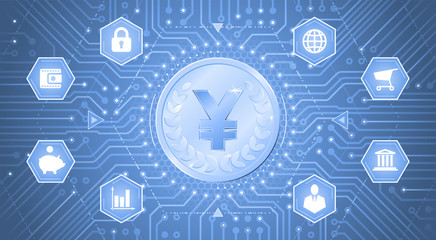 Digital Yen. Metallic coin with the Japanese Yen symbol on it in electronic cyberspace. Graphic template on the subject of `Digital Currencies`.
