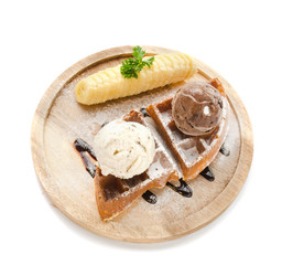 solt waffle serve with banan and ice cream
