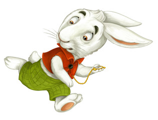 cartoon rabbit running hurry looking on the watch