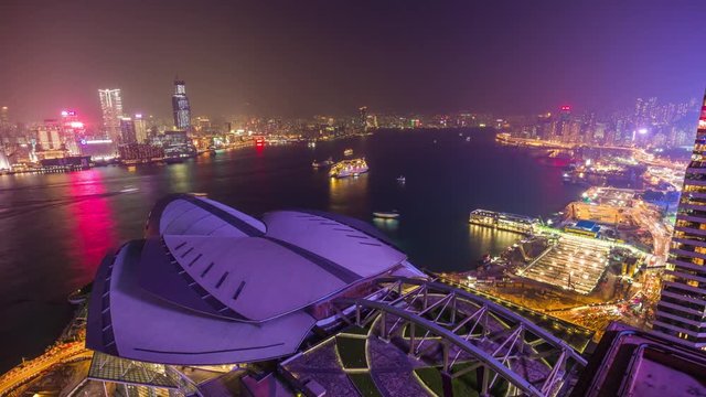 night illumination hong kong opera house rooftop bay panorama 4k time lapse china
