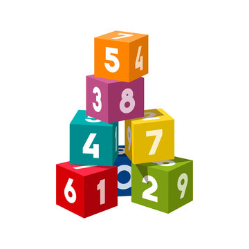 Bright colored bricks building tower. Block vector illustration on white background. Numeral cubes with numbers.