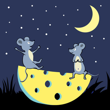 Two happy mice and cheese. Grey mice sitting under moon good night. Cartoon kid`s vector  hand drawn illustration.