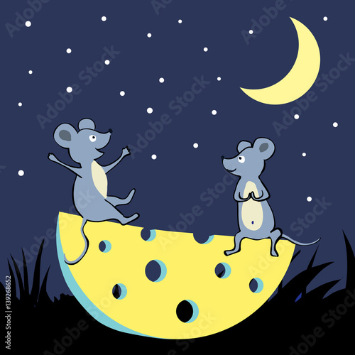 "Two happy mice and cheese. Grey mice sitting under moon good night