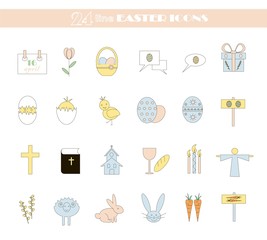 Easter colorful line icons of Easter eggs, cross, Bible, Church, willow branch, flower, chick, Easter Bunny, rabbit head, Easter sheep, dialog boxes, gift box, signs