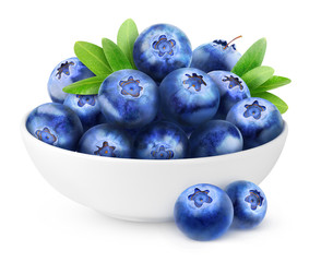 Isolated blueberries. White bowl with pile of fresh blueberry fruits isolated on white with clipping path