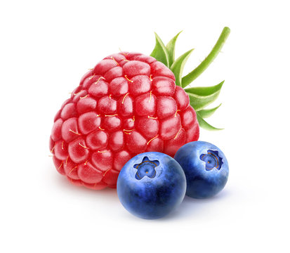 Isolated berries. One fresh raspberry and two blueberries isolated on white background with clipping path