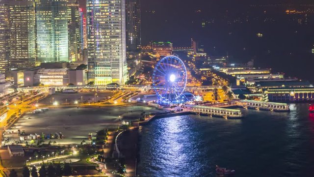 hong kong night illumination wheel bay aerial panorama 4k time lapse china
