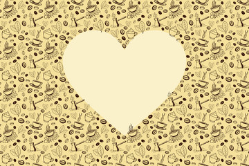 Coffee Doodles Background with Heart Shape inside