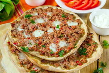 Turkish pizza Lahmajoun Lahmacun with ground beef