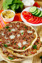 Turkish pizza Lahmajoun Lahmacun with ground beef