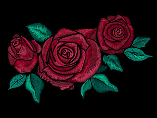 Embroidery colorful floral pattern with simplified roses and leaves. Vector traditional folk fashion ornament on black background for design.